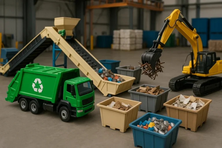 Proceso de reciclaje industrial con contenedores de clasificación, camión verde y maquinaria para separar metales, plásticos y residuos de construcción en planta