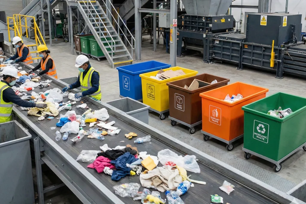 Proceso de clasificación de residuos en planta industrial para optimizar el manejo y reutilización de materiales urbanos.