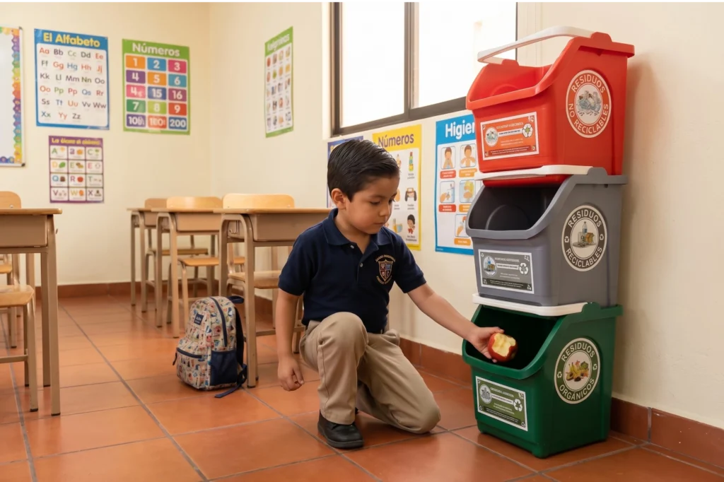 Un estudiante de primaria agachado en un aula utiliza una torre RECI-CEST de contenedores escolares para el reciclaje para niños de primaria, depositando residuos orgánicos.