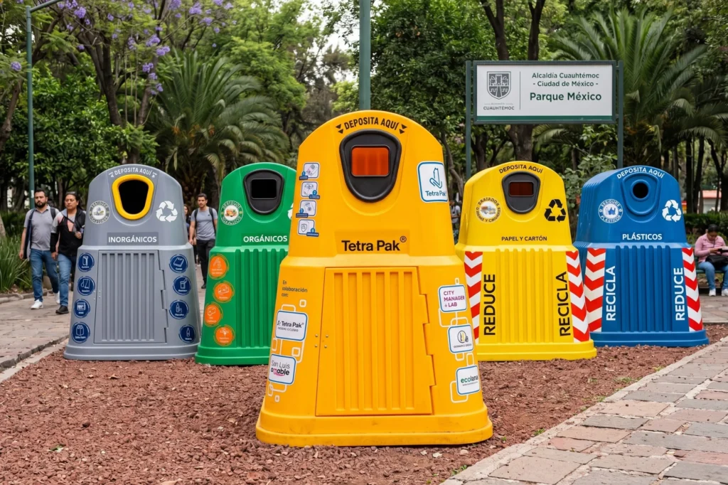 islas de reciclaje iglú en parque urbano para mejorar el reciclaje municipal y la separación de residuos