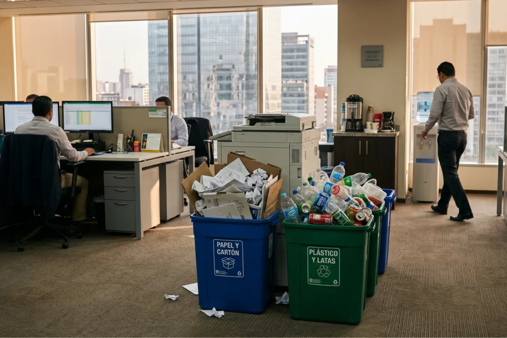 Pasillo de oficina moderna en CDMX con cubículos y una impresora, mostrando el mal uso de los contenedores para el reciclaje marcados para papel y plástico.