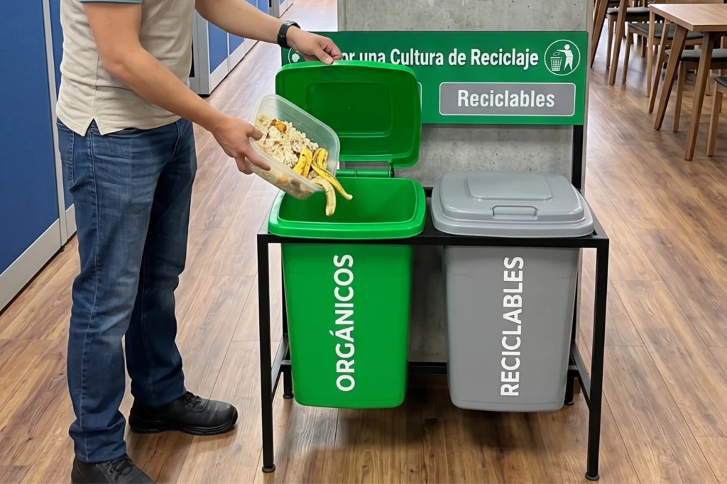 Reciclaje en la oficina con separación de residuos orgánicos y reciclables en estación de contenedores de colores