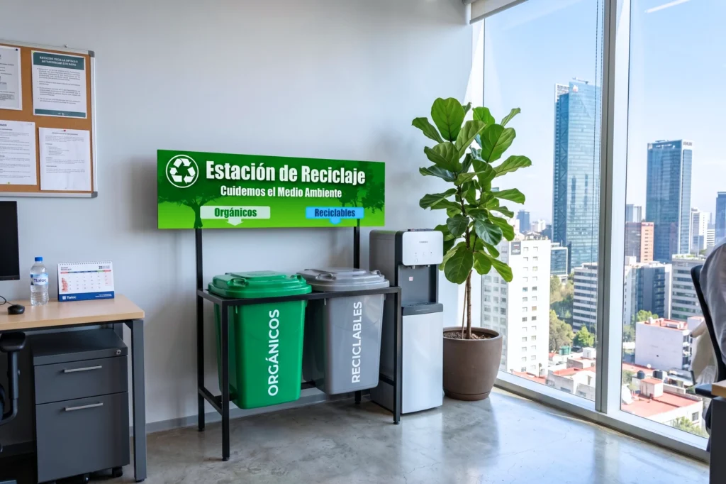 Estación de reciclaje planta abierta con vistas a los rascacielos de CDMX, que promueve el reciclaje con contenedores marcados para orgánicos y reciclables corporativos.