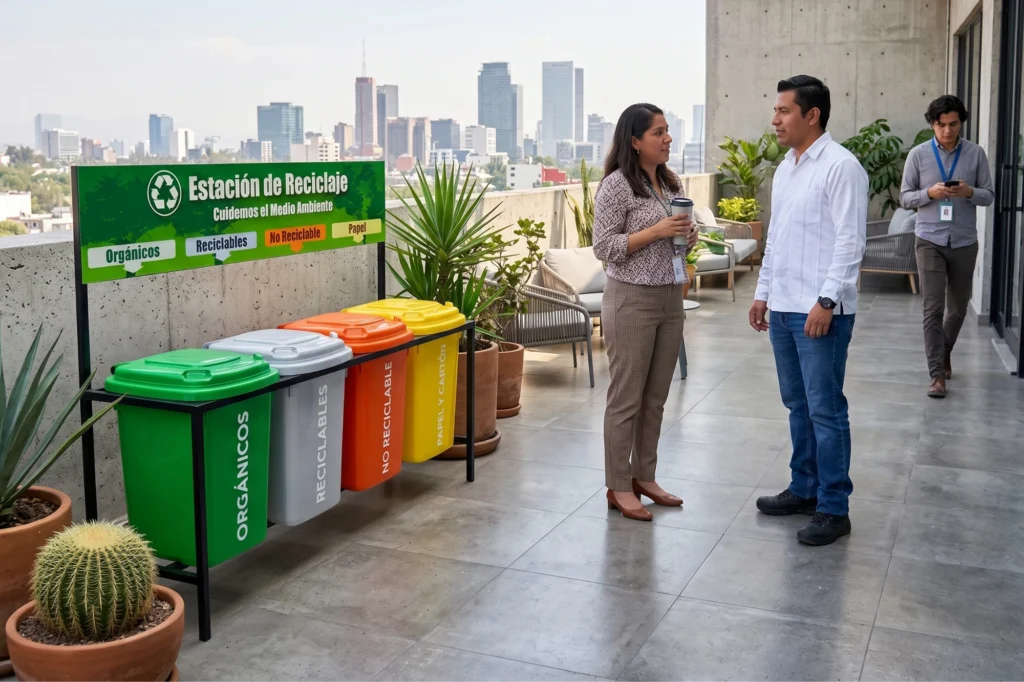 Terraza en la azotea de la oficina en CDMX con vistas a la ciudad, con una estación de clasificación en la oficina de cuatro cubos marcados para diferentes tipos de desechos corporativos.