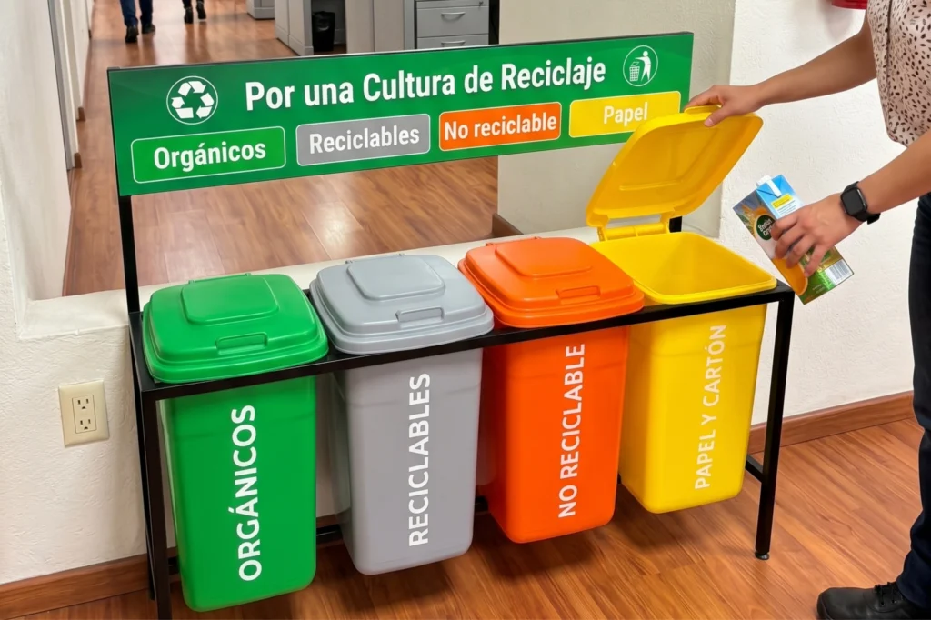 Sistema de reciclaje en la oficina con botes diferenciados para orgánicos, reciclables, no reciclables y papel