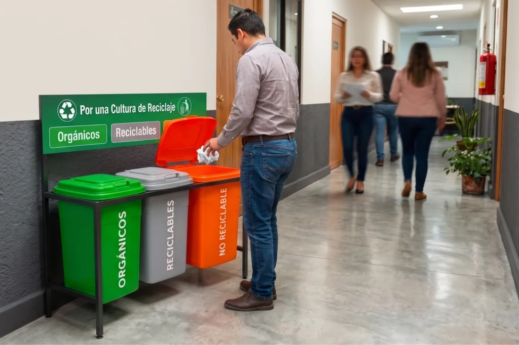 Separación de residuos en el trabajo mediante estación de reciclaje con contenedores identificados por color