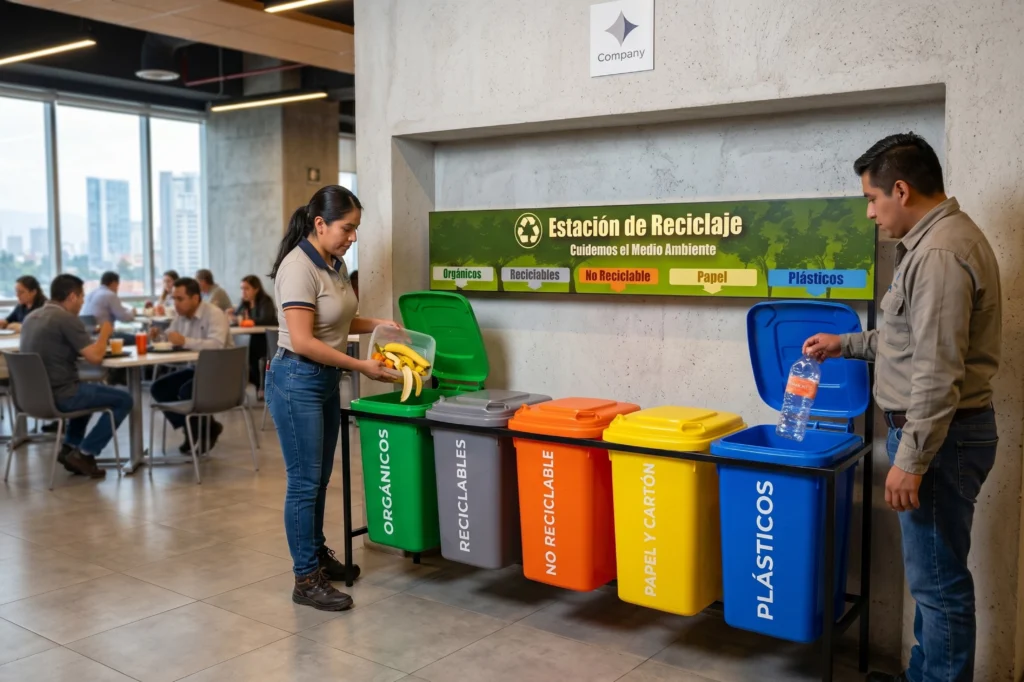 Comedor de empresa con vistas a la ciudad en CDMX, mostrando una estación de clasificación de residuos en la oficina de cinco cubos con empleados desechando artículos correctamente.