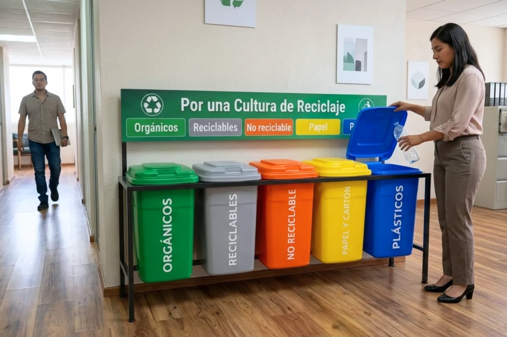 Gestión de residuos en oficina con empleados depositando plástico en contenedores clasificados para reciclaje