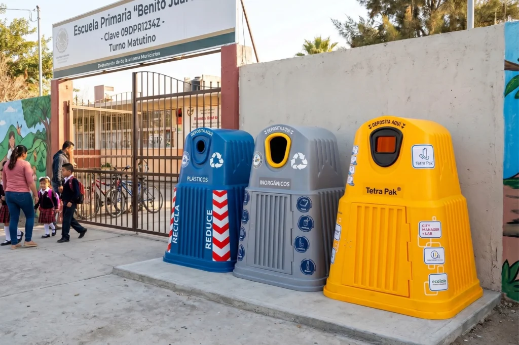punto de gestión de residuos urbanos en escuela con contenedores iglú para separación de plásticos y otros materiales