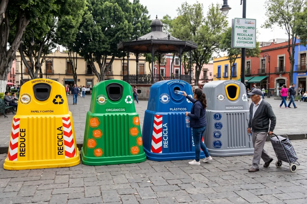 contenedores de reciclaje iglú en espacio público impulsando el reciclaje municipal con separación por colores