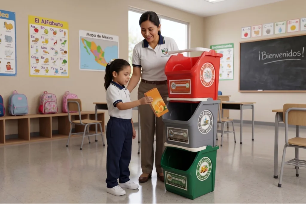 Una maestra guía a una niña en un aula escolar para usar una torre de reciclaje para niños de primaria RECI-CEST, depositando un residuo inorgánico no reciclable.