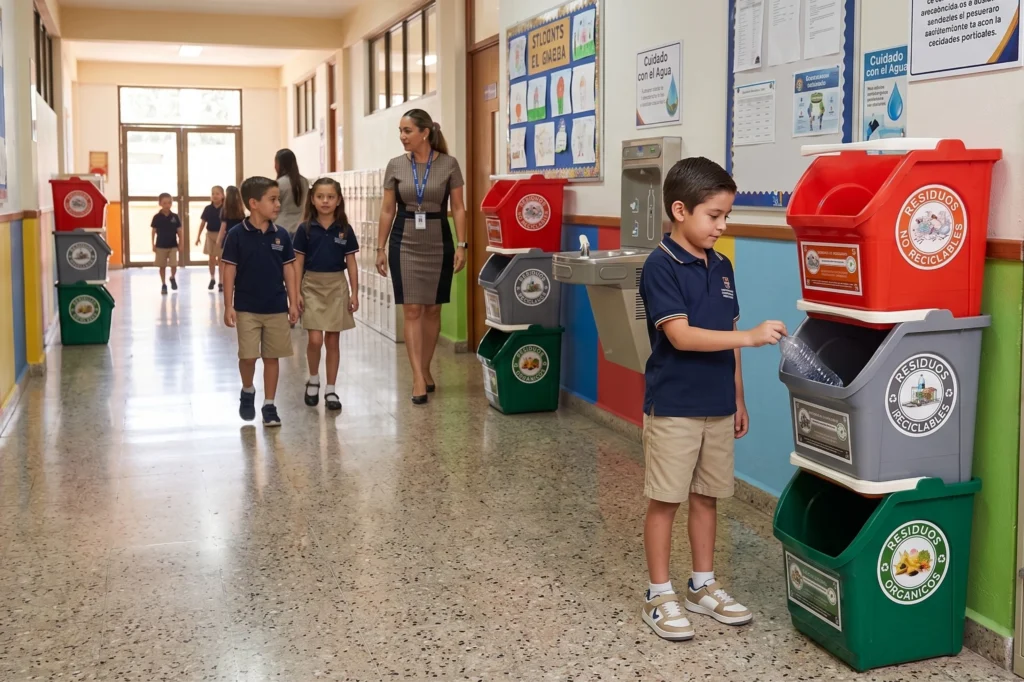 Un niño de primaria deposita una botella de plástico en una torre RECI-CEST en el pasillo de la escuela, como parte de la separación de residuos en escuelas.