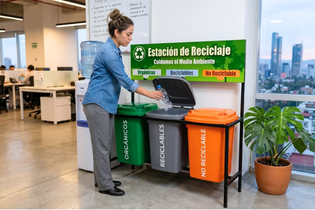 Área de oficina de planta abierta con vistas a rascacielos en CDMX, con una estación de reciclaje de tres cubos que facilita el reciclaje para orgánicos y reciclables corporativos.